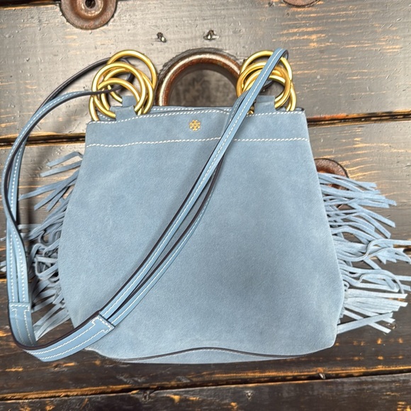 Tory Burch Farrah Blue Suede Bag with Fringe Gold Hardware